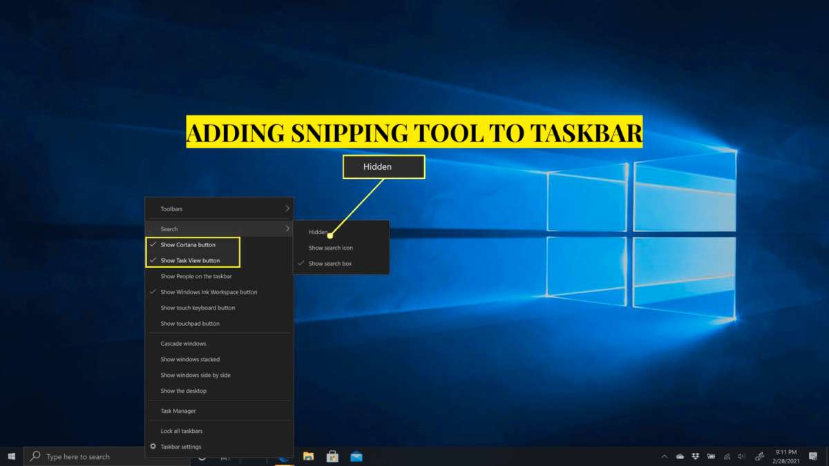adding snipping tool to taskbar